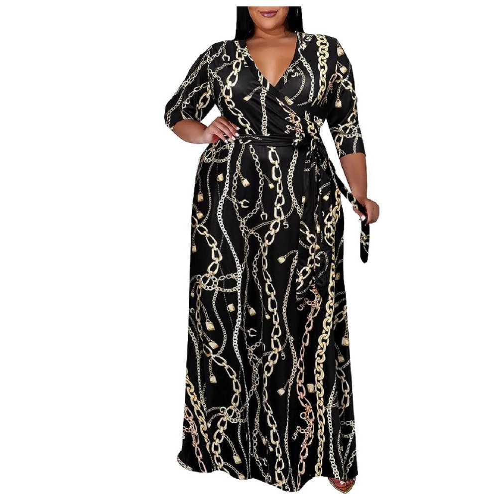 New! Women's Plus Size 3X Dress Black Chains Maxi Dress 3/4 Sleeve with Belt